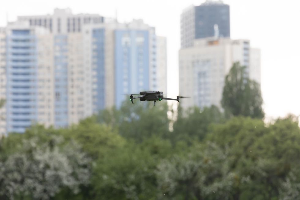 View of a drone during the anti-drone rifle testing in Kyiv.​