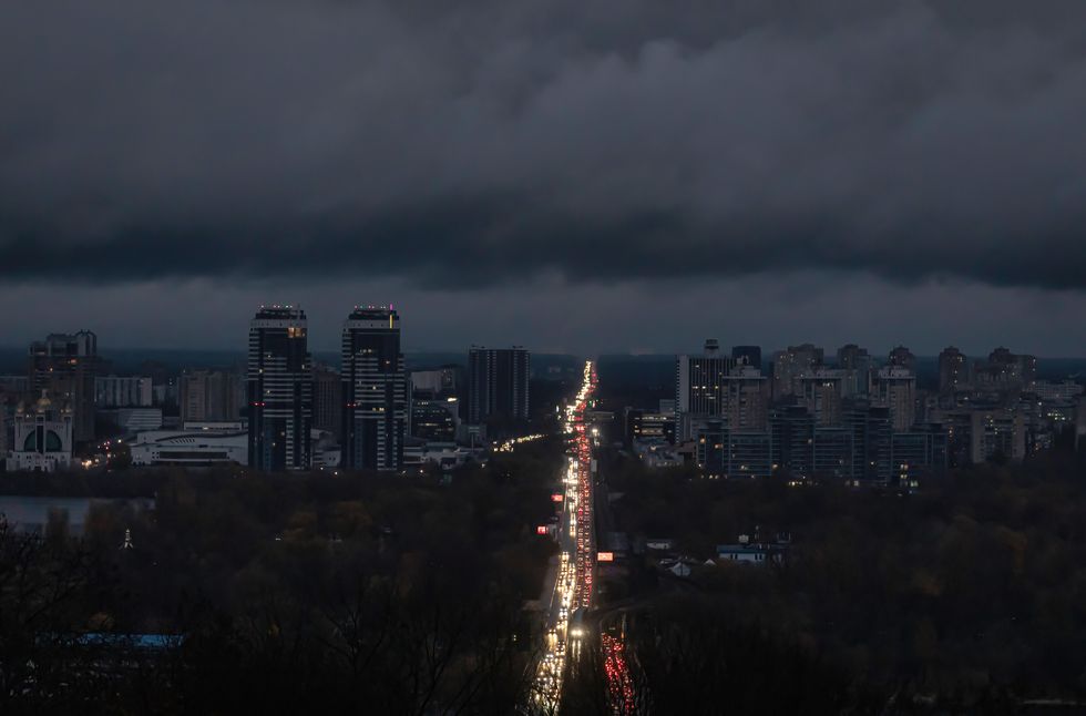 View of Kyiv from the observation deck in the evening during a blackout