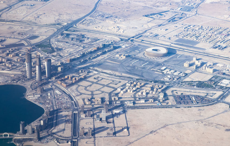 View of Qatar, Doho, and the stadium, from an airplane