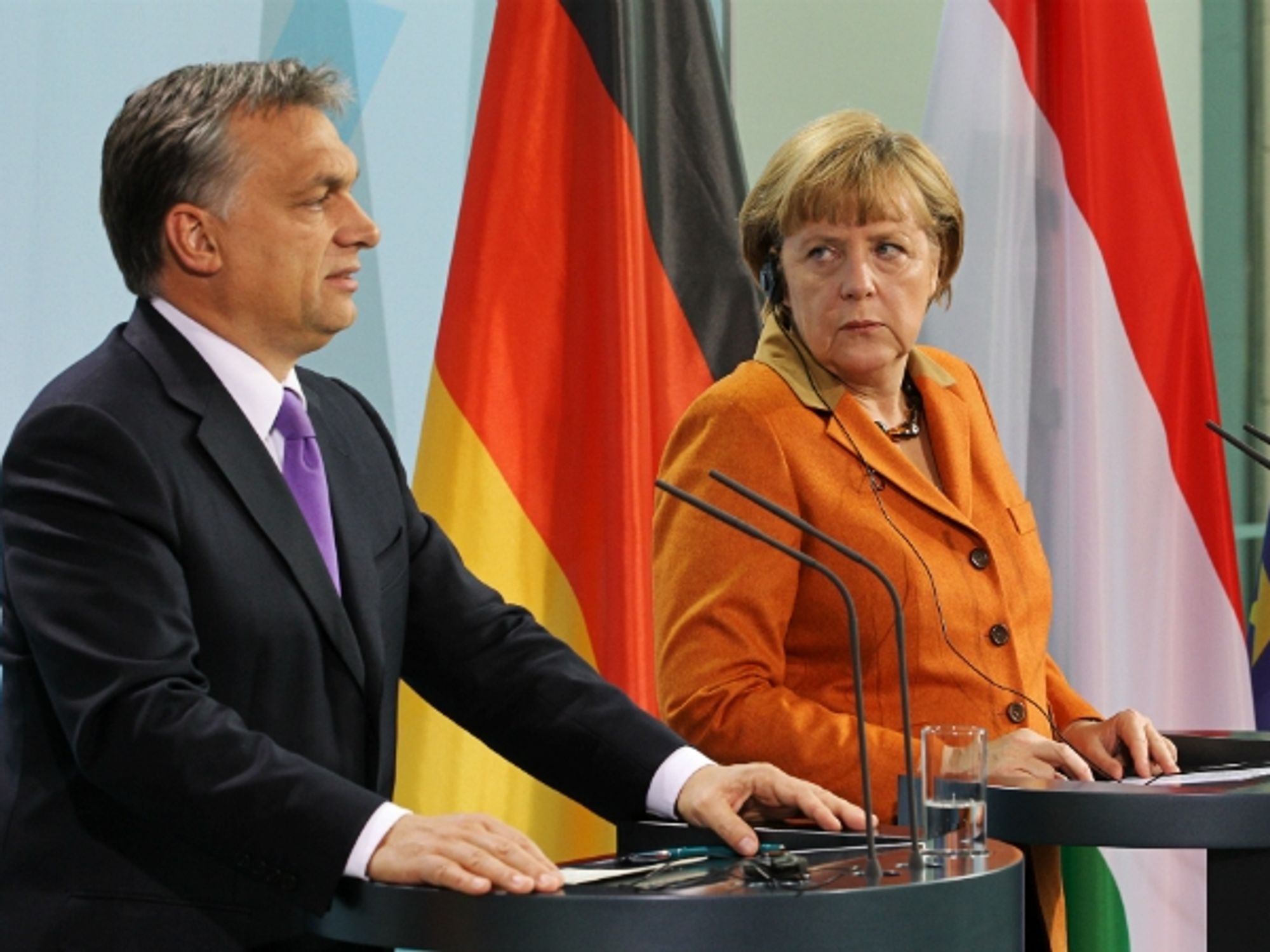 Viktor Orban and Angela Merkel at a press conference in Berlin