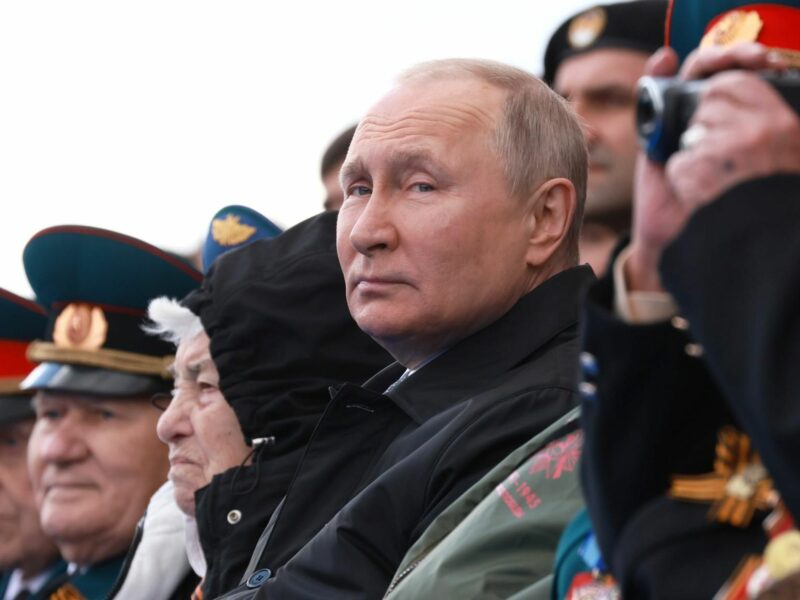 Vladimir Putin in the middle of military officials during the May 9th Victory Parade on Red Square, Moscow