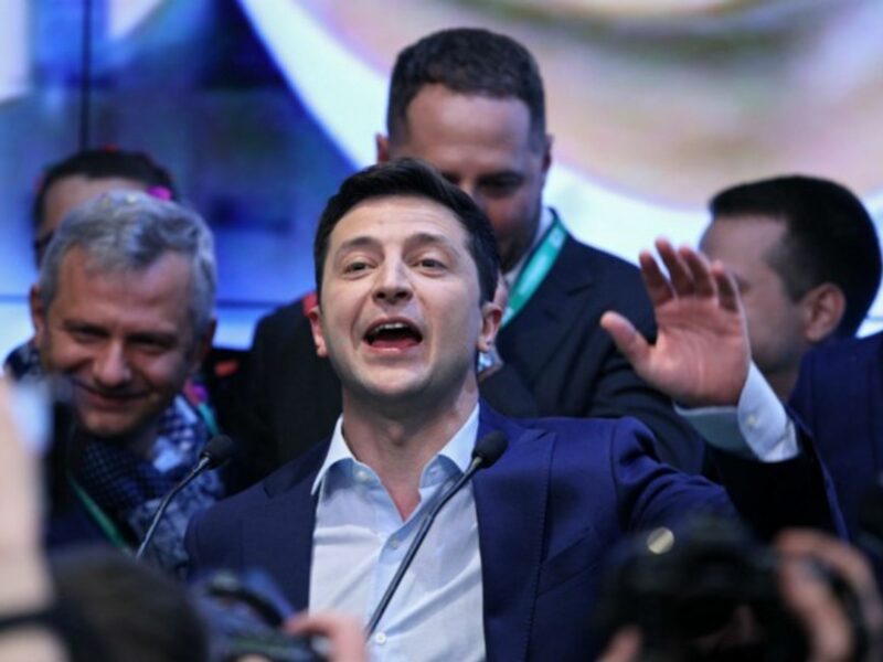 Volodymyr Zelenskiy during a press conference after his victory