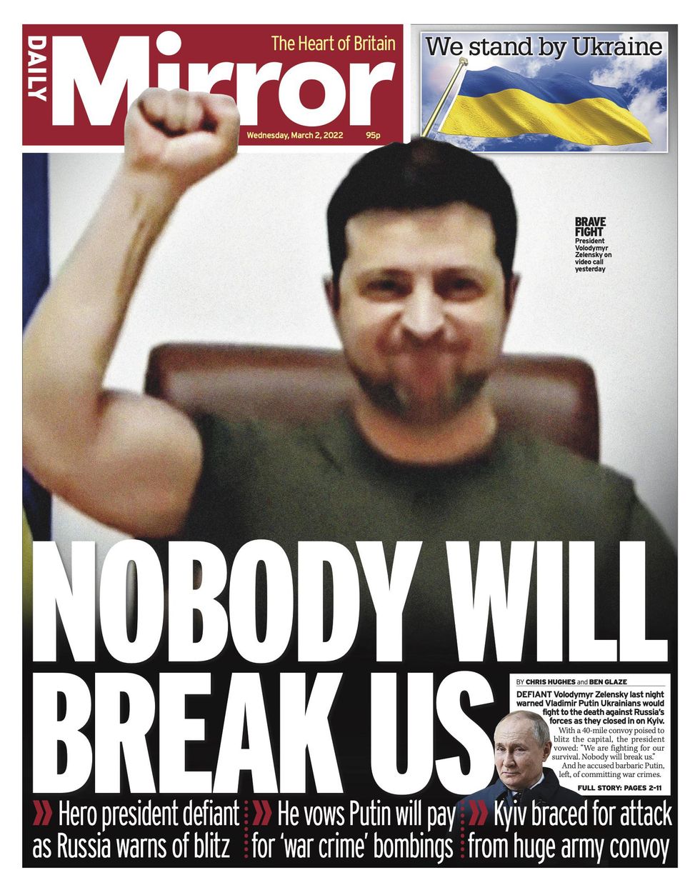 Volodymyr Zelensky on the front page of Daily Mirror
