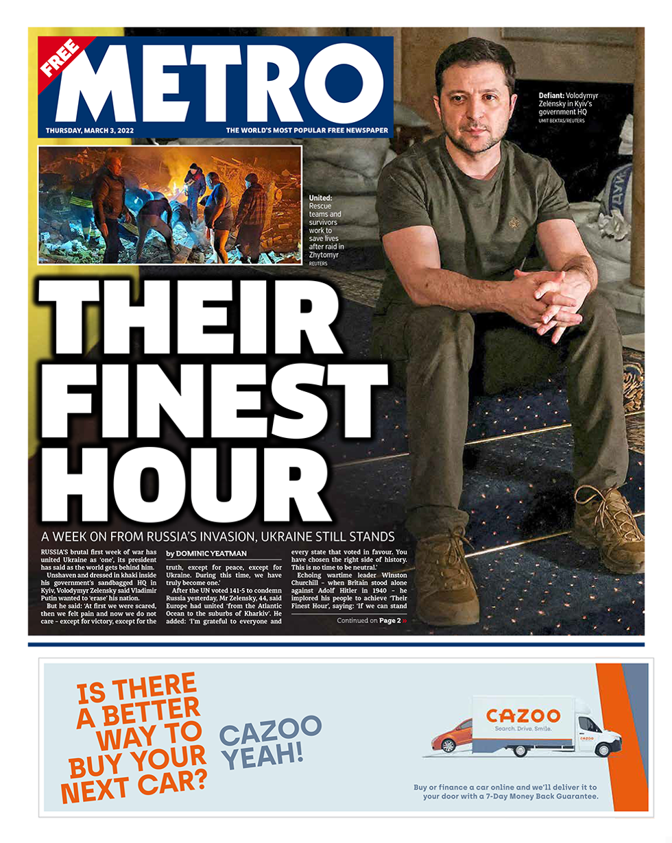 Volodymyr Zelensky on the front page of Metro