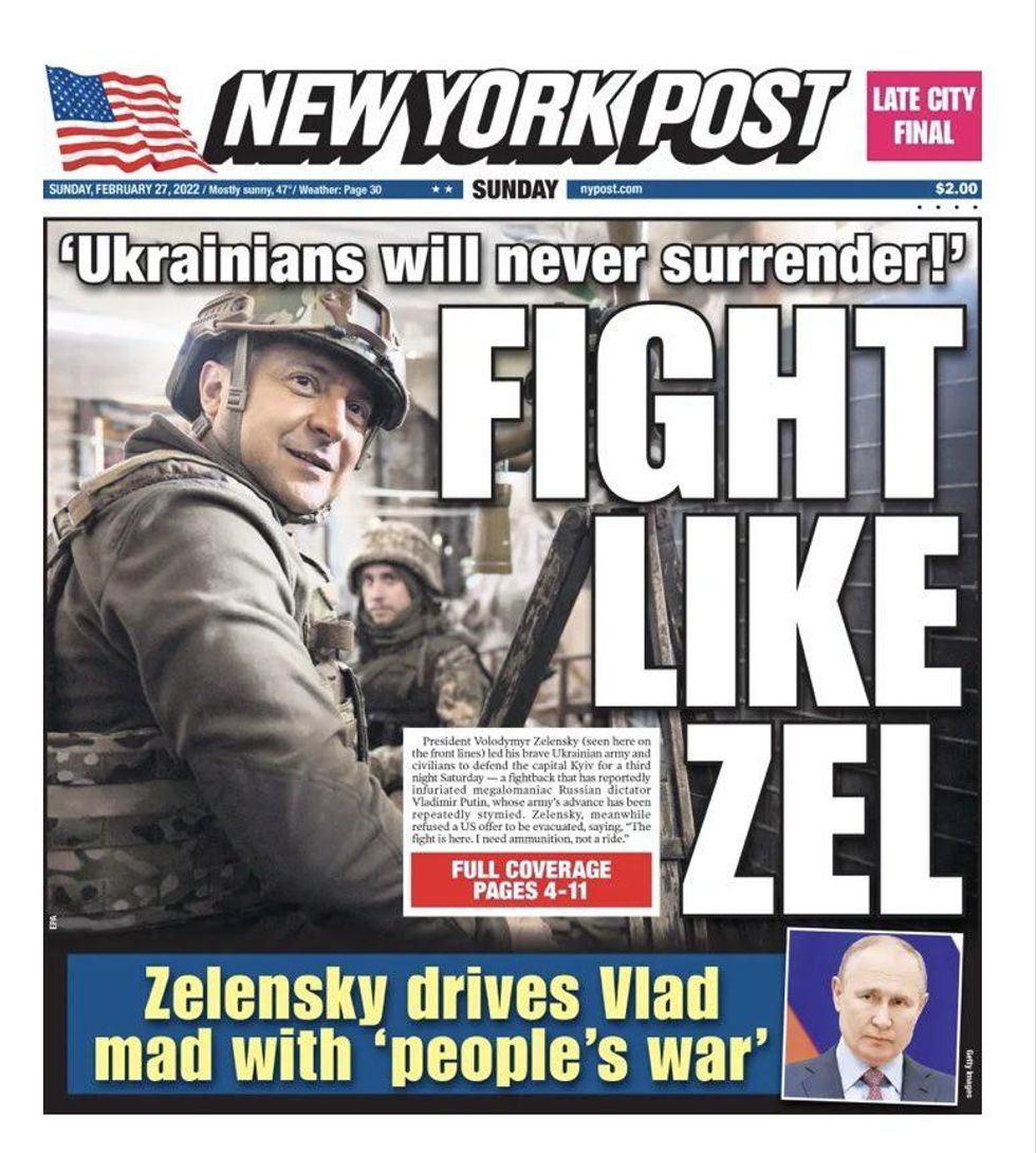 Volodymyr Zelensky on the front page of New York Post