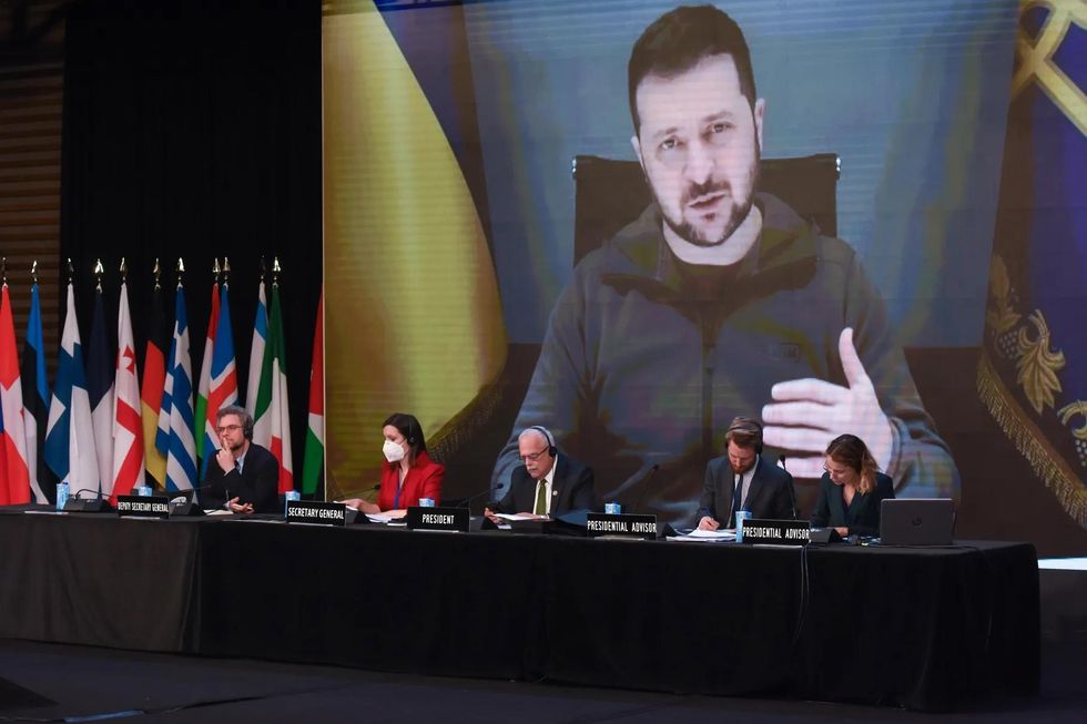 Volodymyr Zelensky speaking at NATO's 68th Annual Session of the Parliamentary Assembly in Madrid, Spain