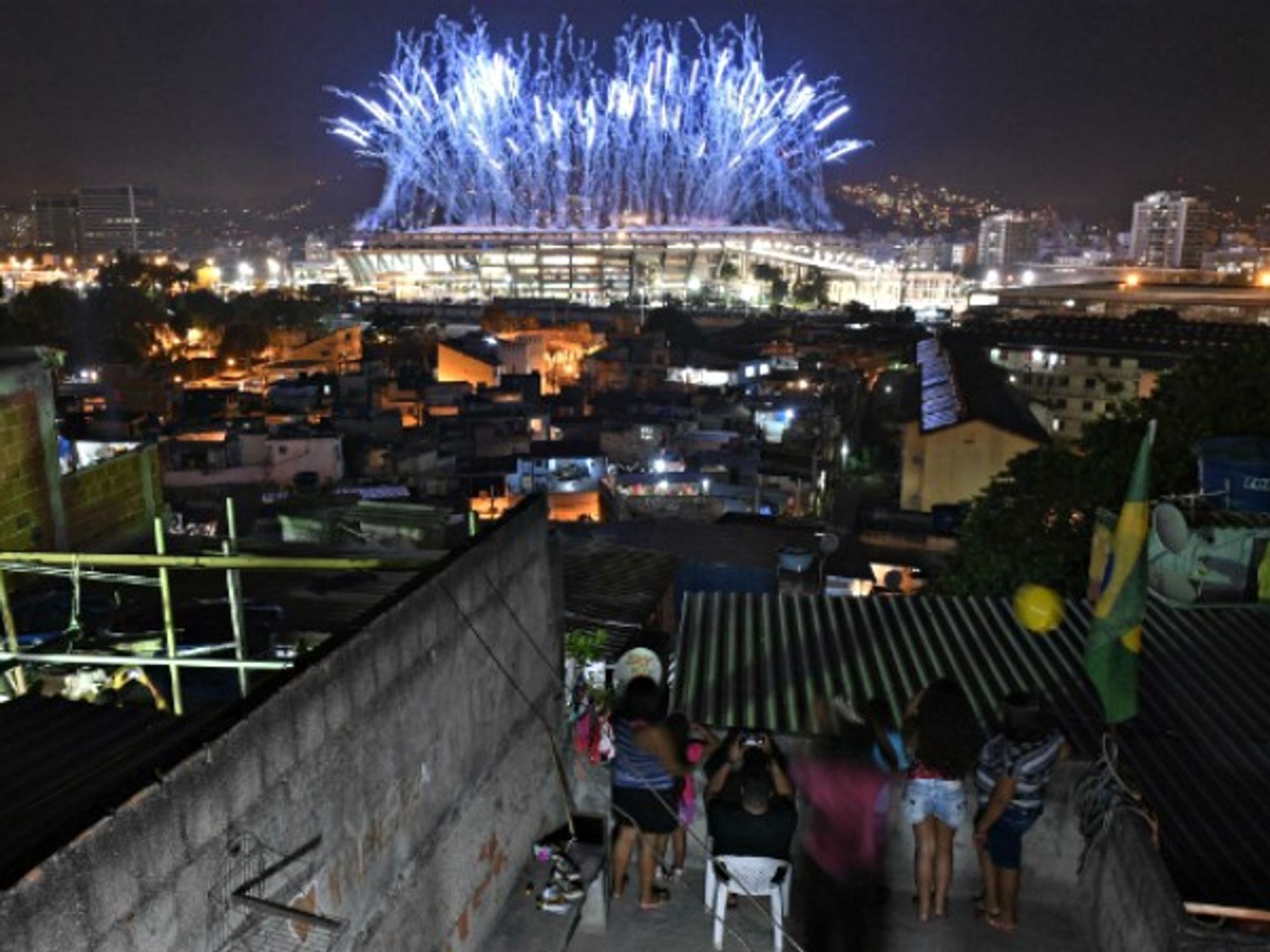 Watching fireworks in Rio's Mangueira favela during the opening ceremony of the Olympics on Aug. 7