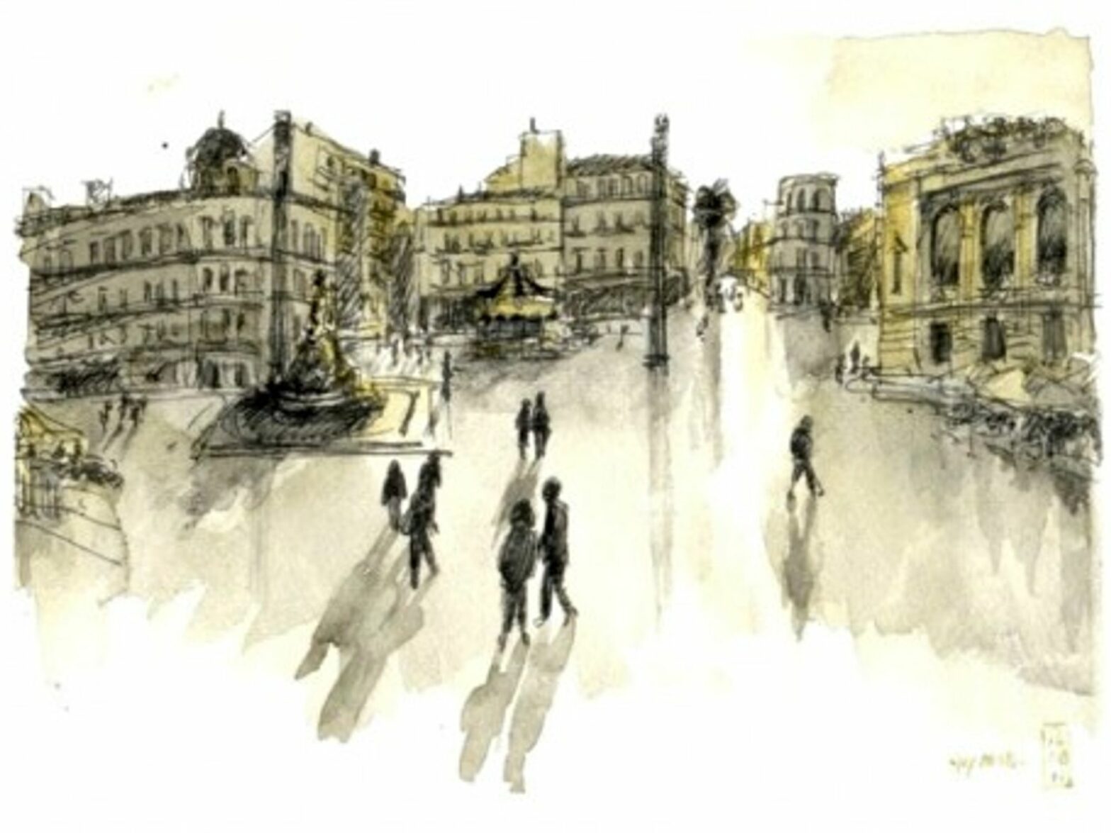 Watercolor sketch of Montpellier's Place de la ComÃ©die