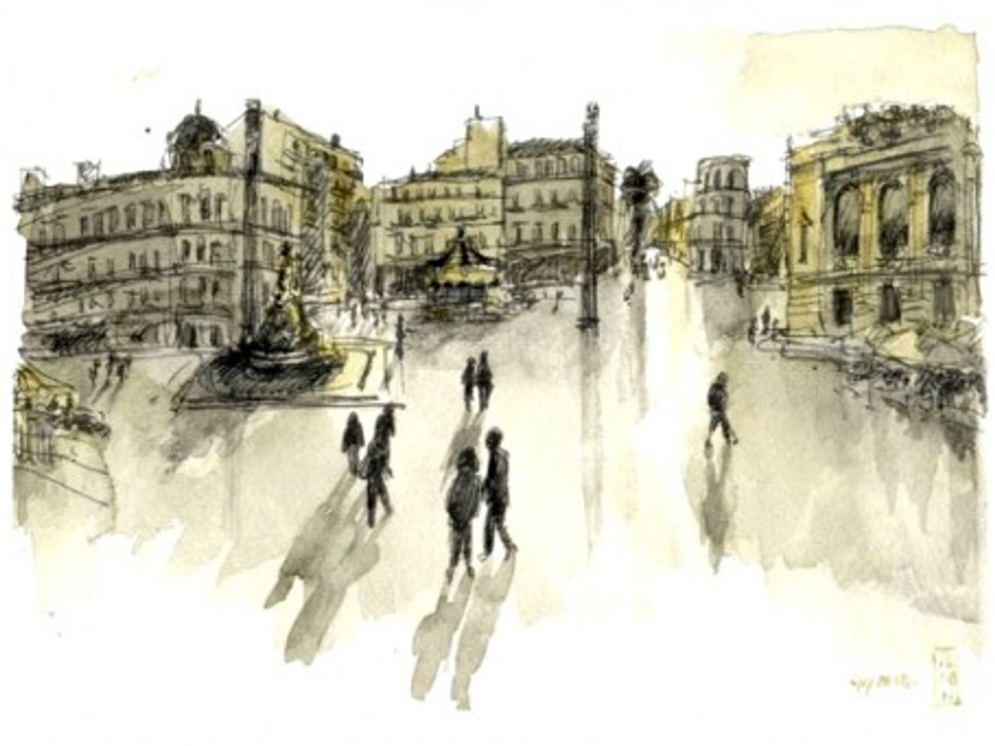 Watercolor sketch of Montpellier's Place de la ComÃ©die