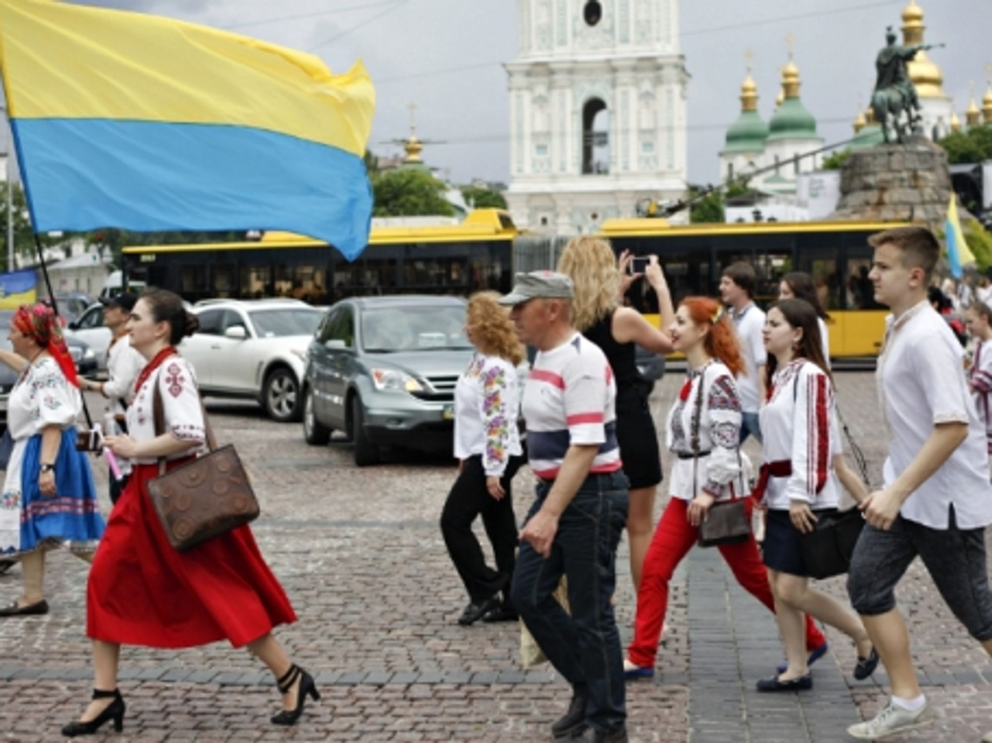 Woman marching in a parade in Kiev, Ukraine