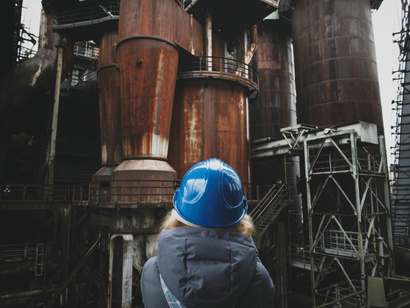 woman wearing blue safety helmet