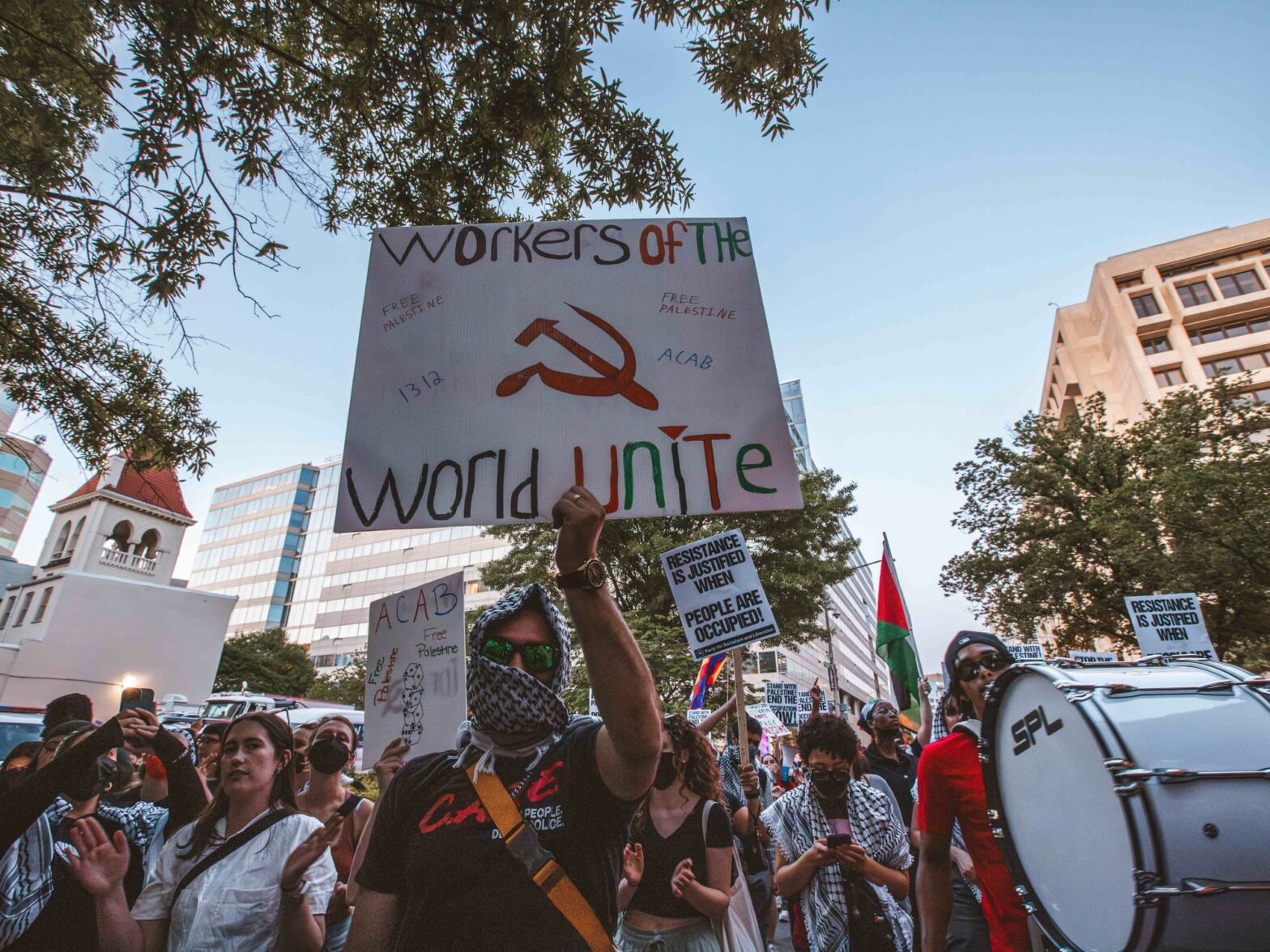 Workers and anti-genocide protestors join students at the Gaza solidarity encampment at George Washington University.