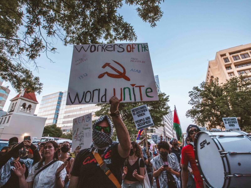 Workers and anti-genocide protestors join students at the Gaza solidarity encampment at George Washington University.