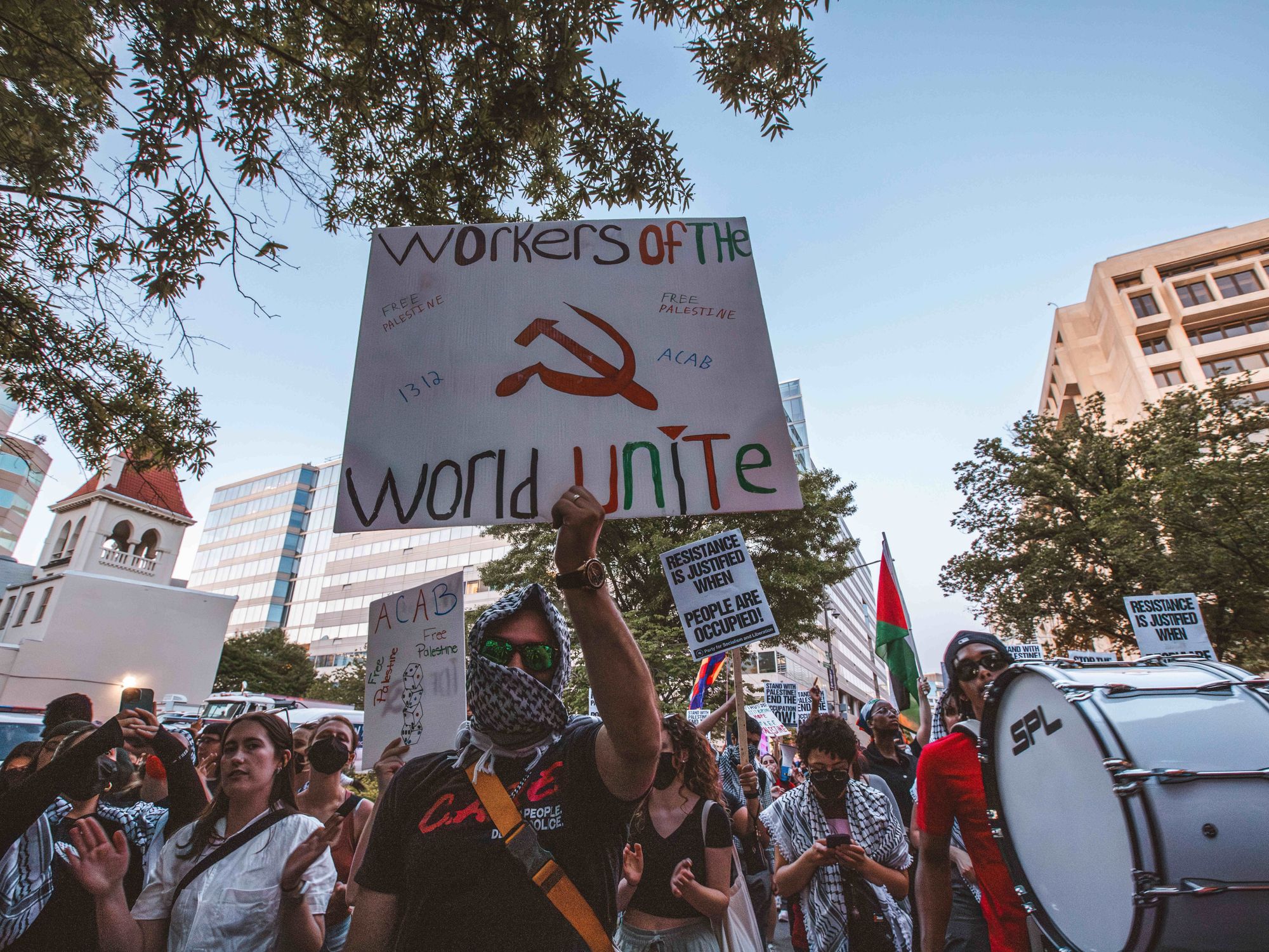 Workers and anti-genocide protestors join students at the Gaza solidarity encampment at George Washington University.