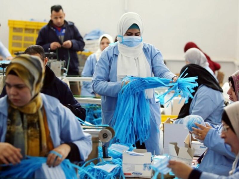 Workers in a factory that produces face masks in Monufia, Egypt,