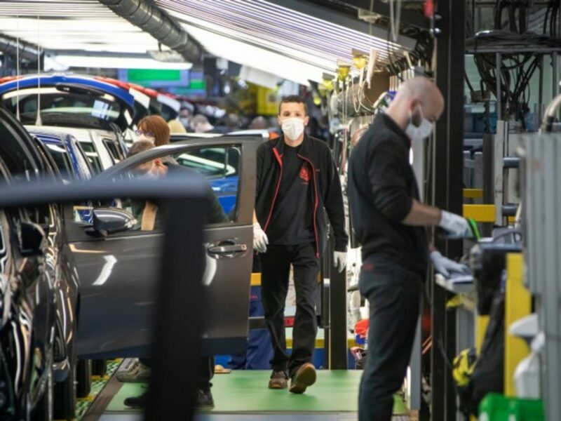 Workers in face masks at a Toyota factory in Valenciennes, France