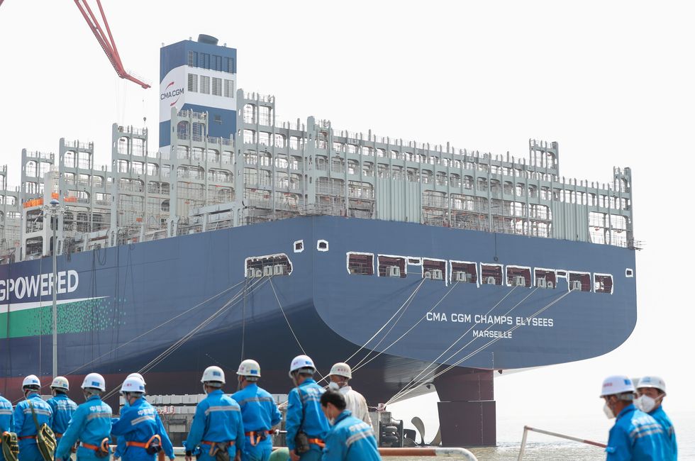 Workers on the docks of Jiangnan Shipyard in Shanghai