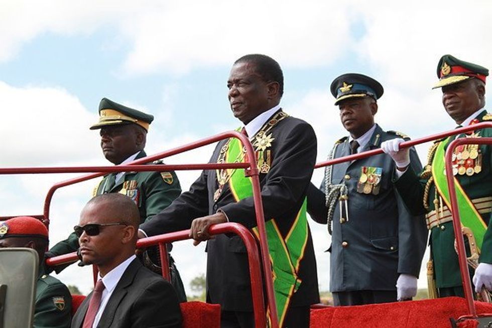 Zimbabwean President Emmerson Mnangagwa in a military vehicle.