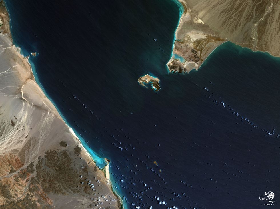 Zoom in satellite image of the Bab el-Mandeb Strait.