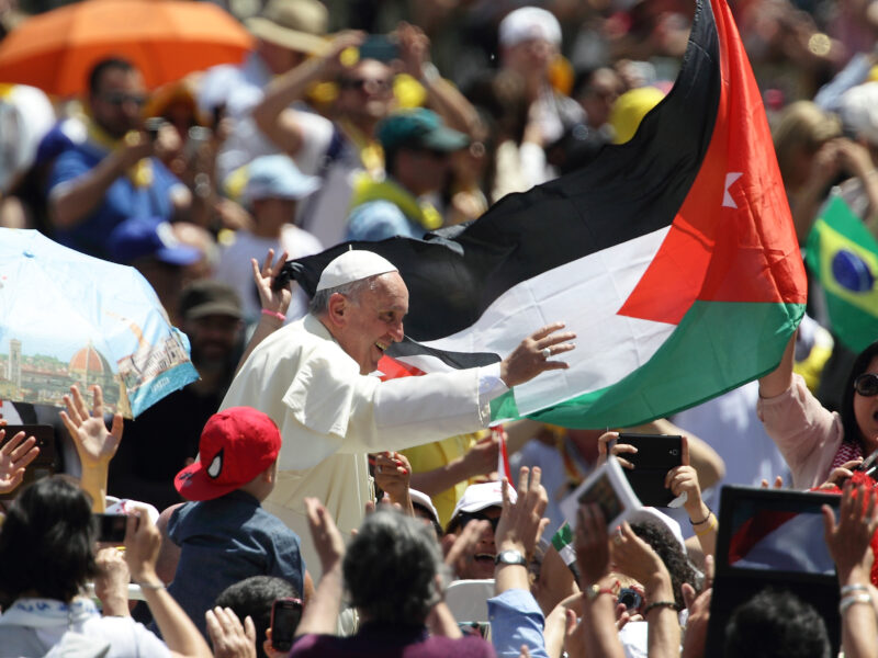 Photo of Pope Francis during a canonization mass in Palestine.