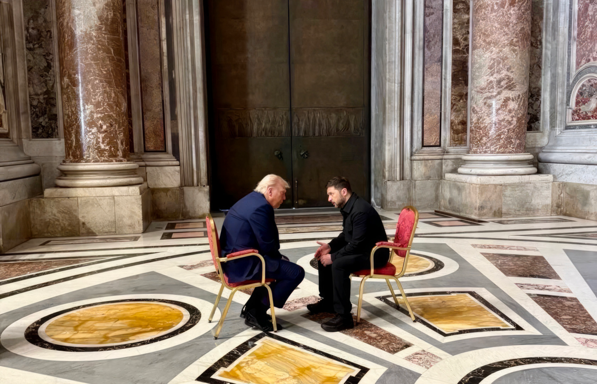 Photo of U.S. President Donald Trump and Ukrainian President Volodymyr Zelensky before Pope Francis' funeral in Vatican city.