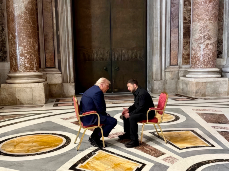 Photo of U.S. President Donald Trump and Ukrainian President Volodymyr Zelensky before Pope Francis' funeral in Vatican city.