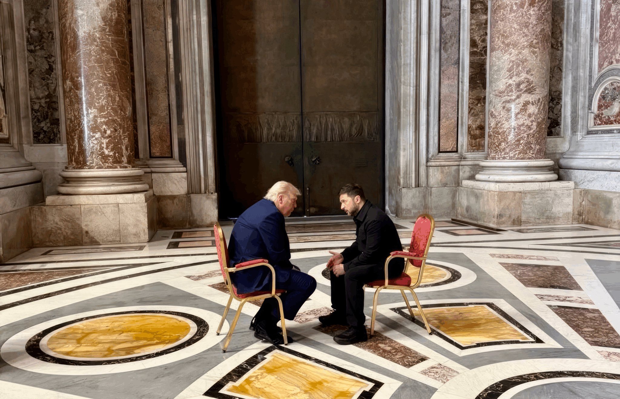 Photo of U.S. President Donald Trump and Ukrainian President Volodymyr Zelensky before Pope Francis' funeral in Vatican city.