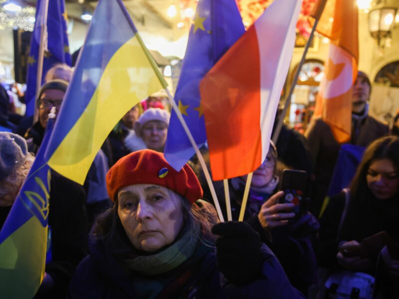 ​Ukrainians and Polish supporters at a pro Ukraine demonstration.