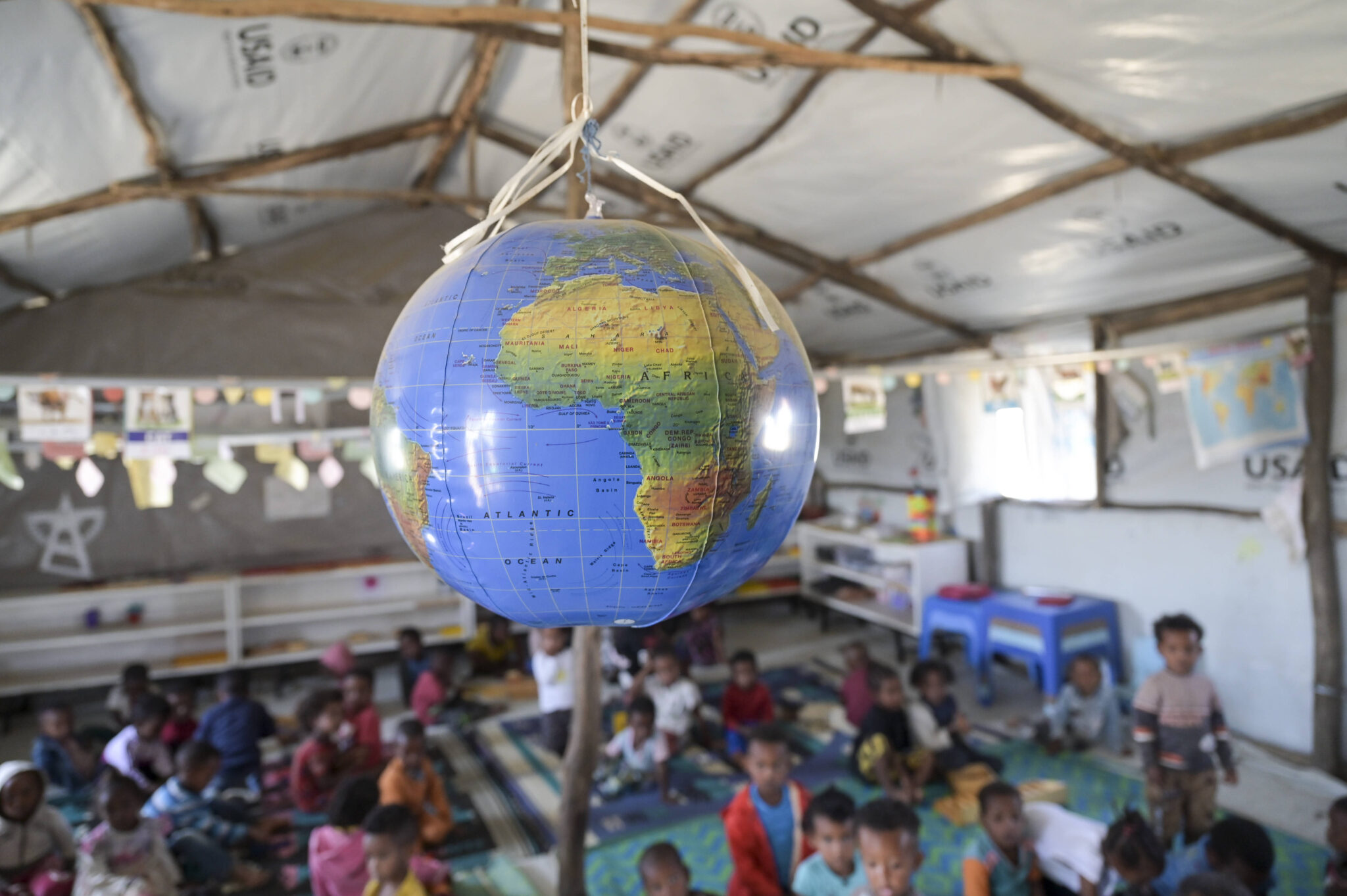 Ethiopian classroom with globe from ceiling