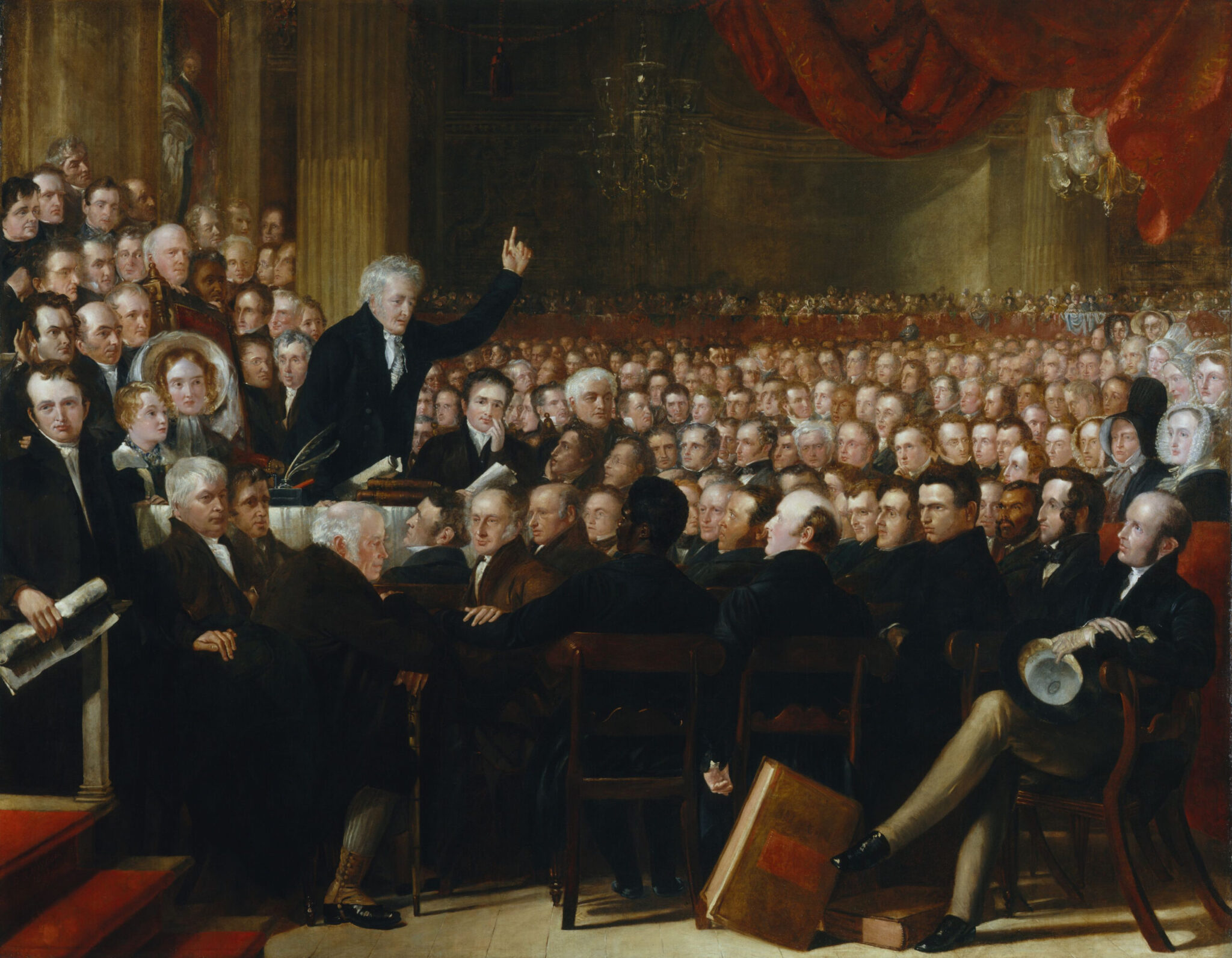 An oil painting of an anti-slavery convention in the 19th century.