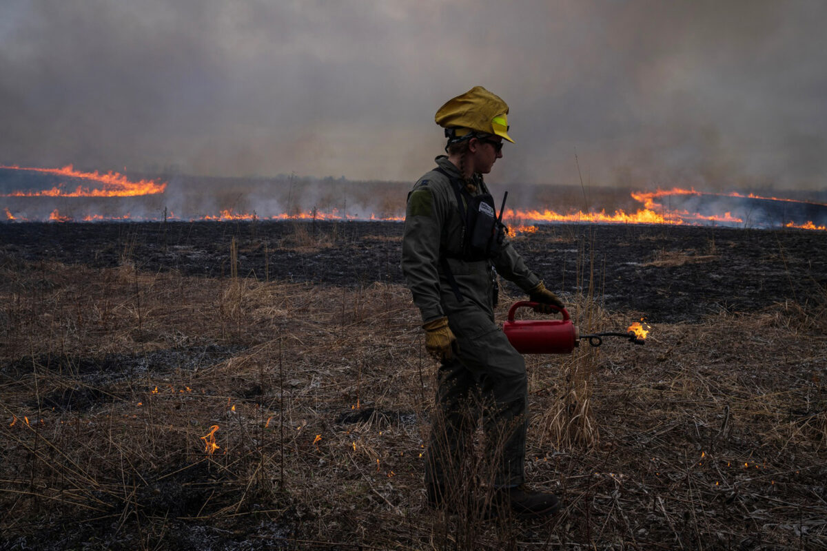 Restoration technician Jacob Churulo guides the controlled burn at Nachusa Grasslands