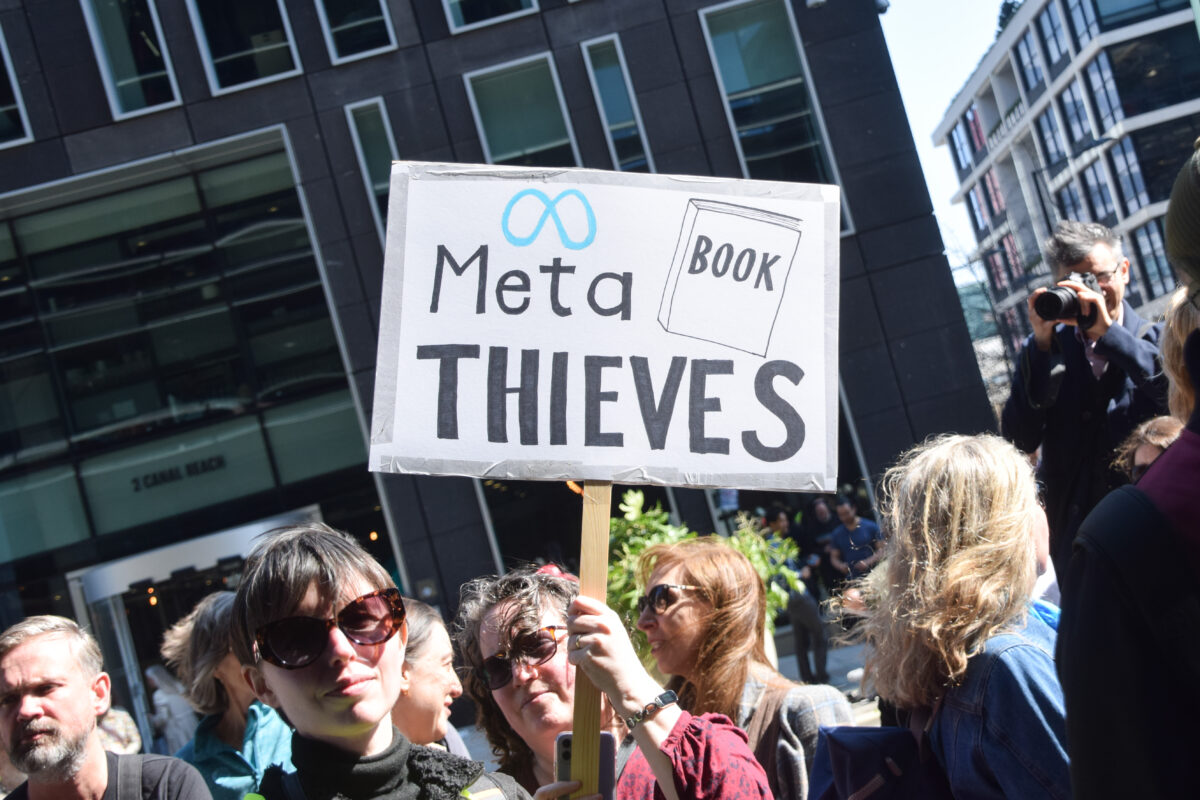 Authors and publishing professionals protest outside Meta's King's Cross offices over the use of copyrighted books to train AI — London, England.