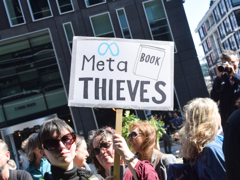 Authors and publishing professionals protest outside Meta's King's Cross offices over the use of copyrighted books to train AI — London, England.