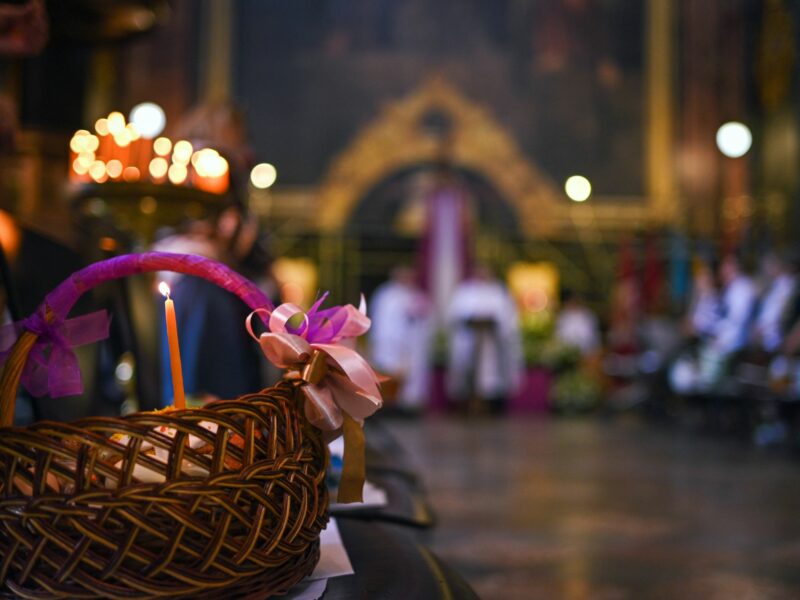 Photo of a wicker basket in a Orthodox church in Lviv, Ukraine