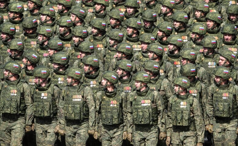 Photo of Russian soldiers during a military parade in Moscow.