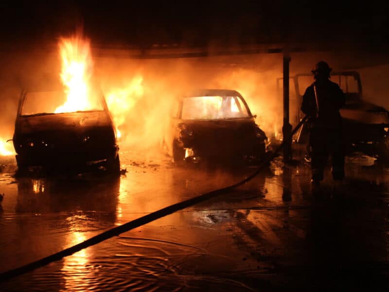Vehicles burning after an explosion in Cúcuta, Colombia, in 2012
