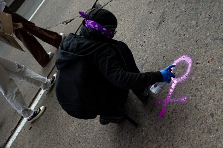 Women participate with signs and messages during the international women's day demonstrations in Bogota, Colombia on March 8, 2023.