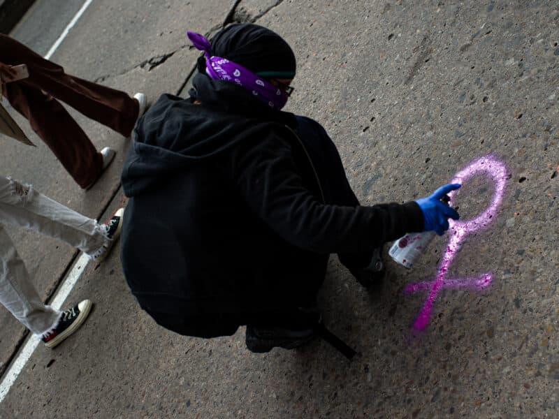 Women participate with signs and messages during the international women's day demonstrations in Bogota, Colombia on March 8, 2023.