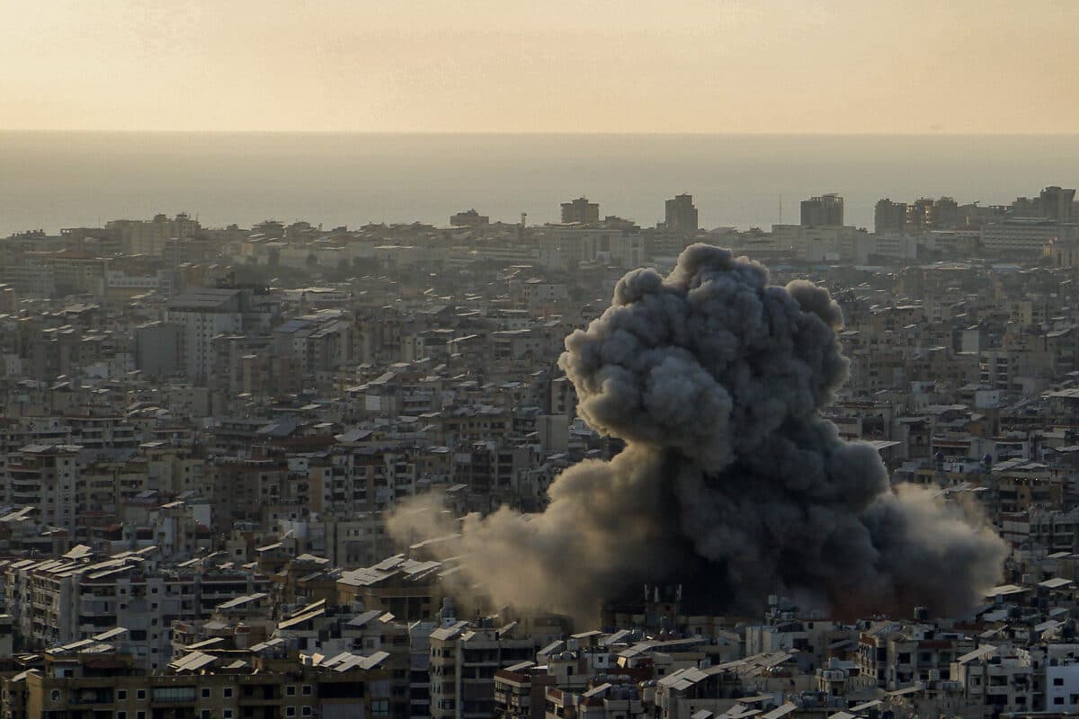 Heavy black smoke billows from an area targeted by an Israeli air strike on Beirut southern suburb on April 27, 2025, Beirut, Lebanon
