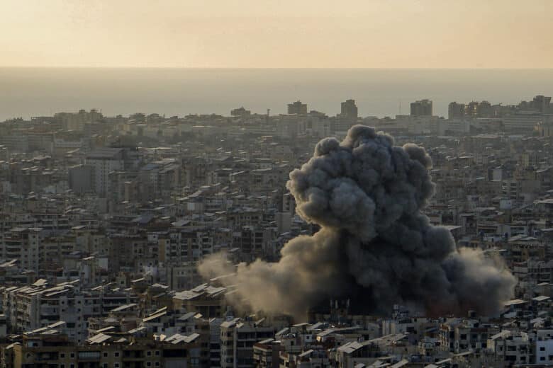 Heavy black smoke billows from an area targeted by an Israeli air strike on Beirut southern suburb on April 27, 2025, Beirut, Lebanon