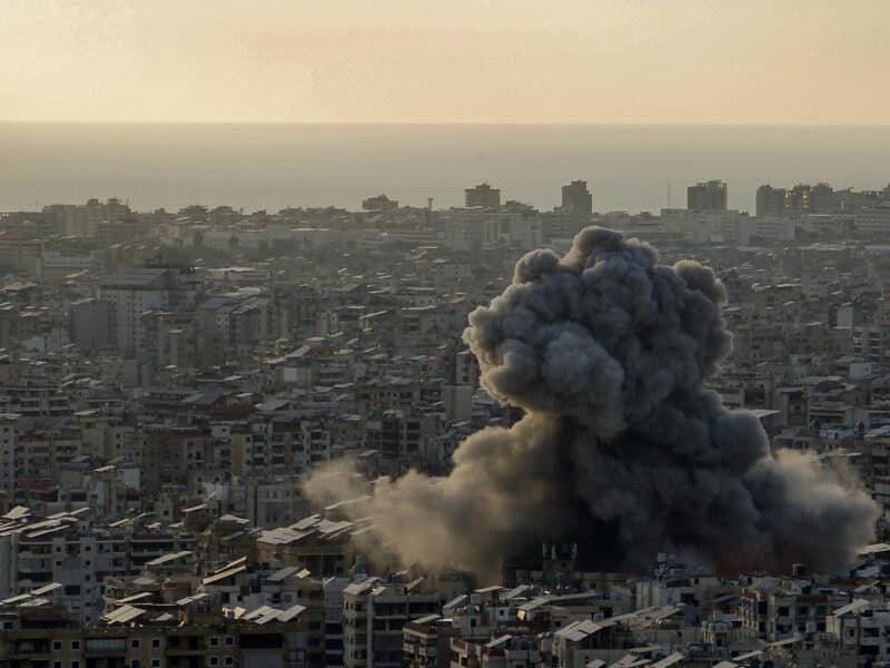 Heavy black smoke billows from an area targeted by an Israeli air strike on Beirut southern suburb on April 27, 2025, Beirut, Lebanon