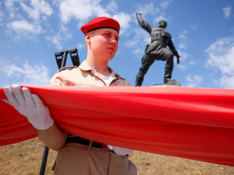 A 100-metre-long Soviet Victory Banner is unfurled at a WWII monument to mark the 80th anniversary of the victory over Nazi Germany in World War II in Lugansk, Russia on May 7, 2025.