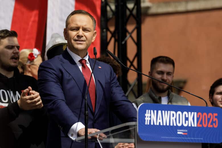 Presidential candidate Karol Nawrocki speaks to supporters during the March for Poland held in his support ahead of the second round of the presidential election.