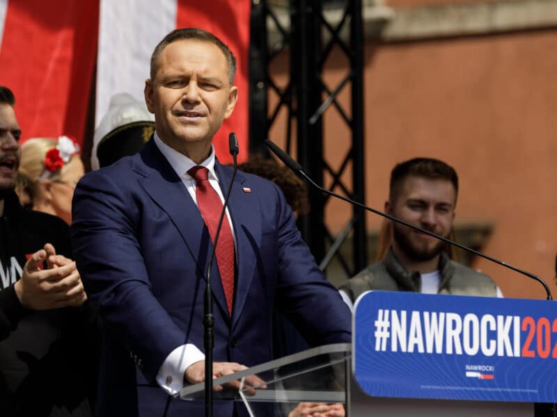 Presidential candidate Karol Nawrocki speaks to supporters during the March for Poland held in his support ahead of the second round of the presidential election.