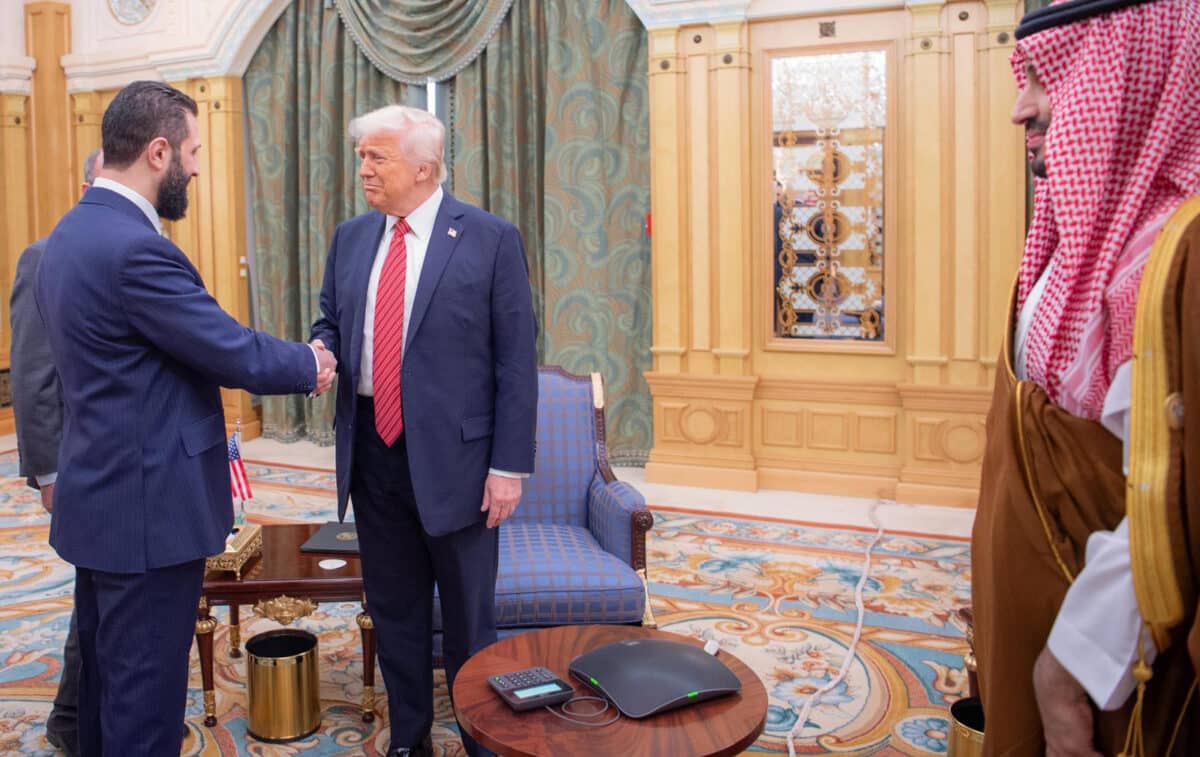 Saudi Crown Prince Mohammed Bin Salman, and U.S. President, Donald Trump meet with the Syrian president Ahmad Al-Sharaa, in Riyadh, Saudi Arabia on May 14, 2025