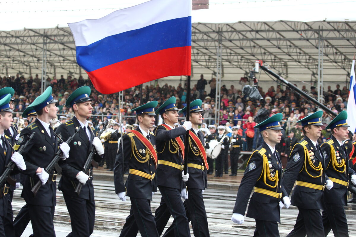 Photo of Russian soldiers marching in Kaliningrad during a parade to mark Victory Day.