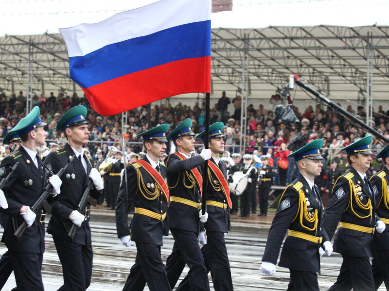 Photo of Russian soldiers marching in Kaliningrad during a parade to mark Victory Day.