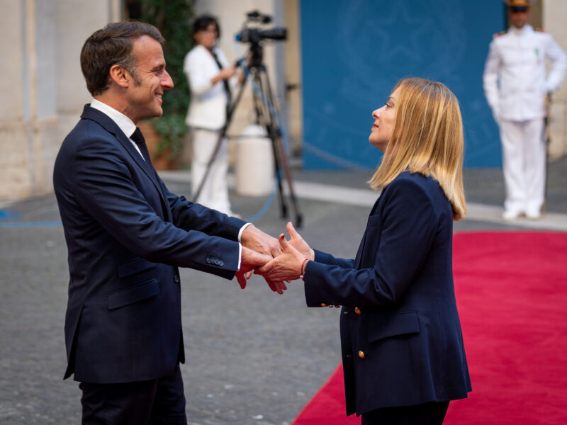 Photo of French President Emmanuel Macron visiting Italian Prime Minister Giorgia Meloni