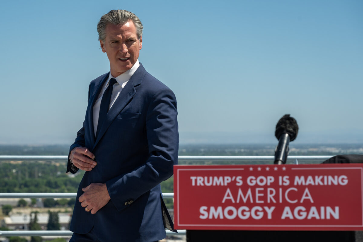 Governor Gavin Newsom arrives to respond to a planned U.S. Senate vote on the state clean air policies at a press conference on May 22, 2025, in Sacramento. California, USA