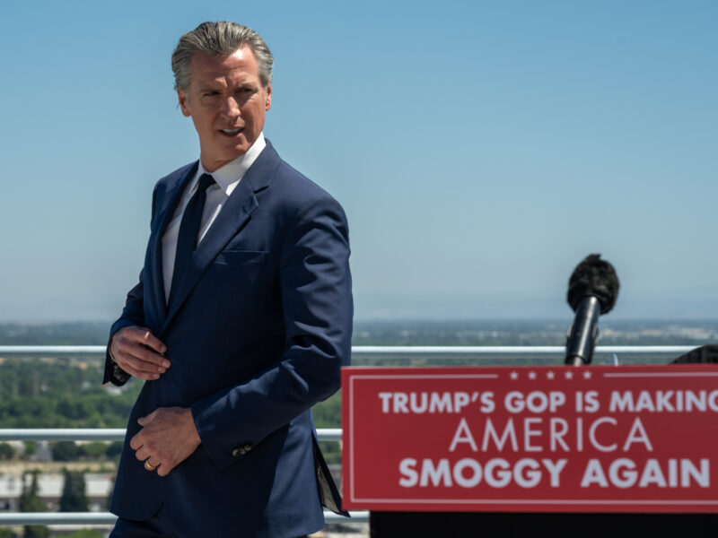 Governor Gavin Newsom arrives to respond to a planned U.S. Senate vote on the state clean air policies at a press conference on May 22, 2025, in Sacramento. California, USA